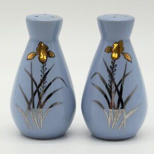 Vintage Perriwinkle Blue Porcelain Salt & Pepper Shakers Gold & Silver Floral